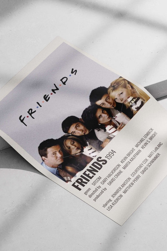 The TV show franchise "Friends" (1994) with real cast names (Jennifer Aniston, Courteney Cox, Matt LeBlanc, Lisa Kudrow,