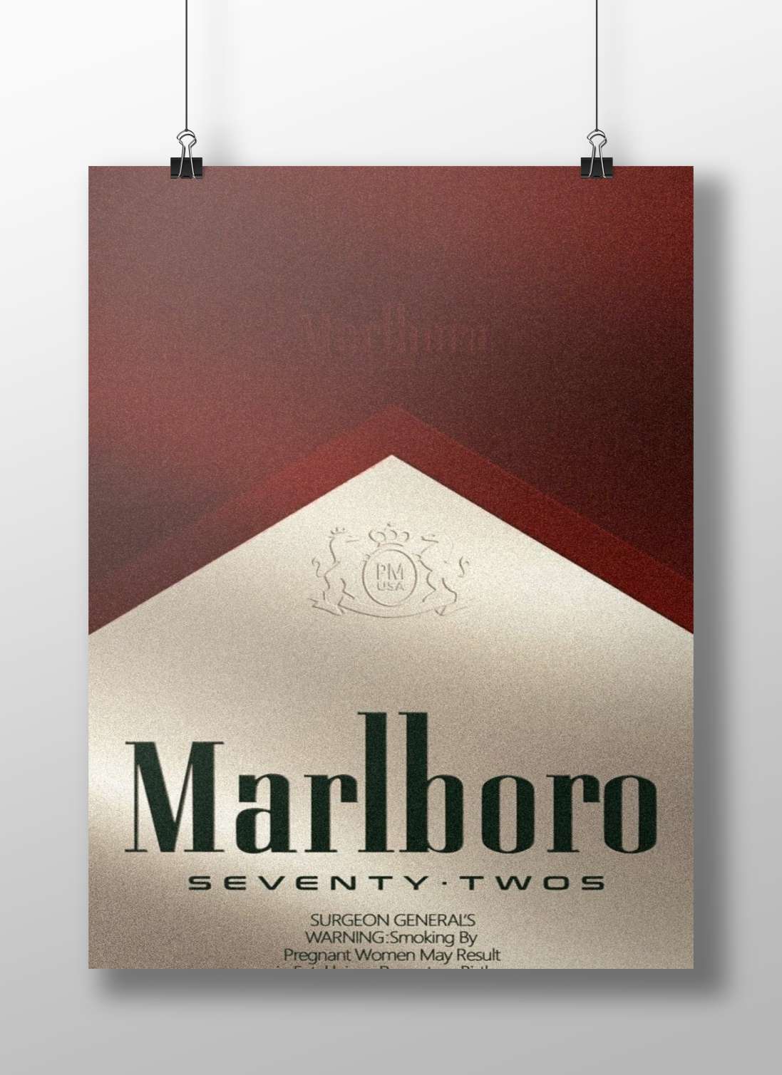 Marlboro cigarette pack (Seventy-Twos variant) Marlboro Seventy-Twos Vintage Cigarette Packaging Poster – Warning Text Wall