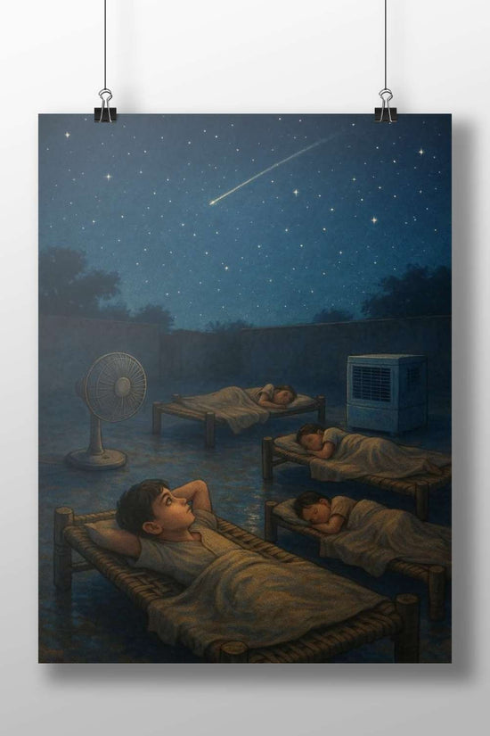 Four children sleeping outdoors under a starry night with a shooting star Main Subject: Four children sleeping outdoors