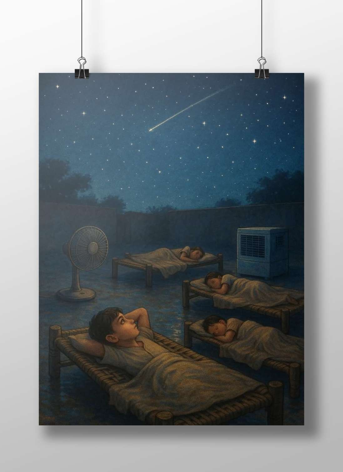 Four children sleeping outdoors under a starry night with a shooting star Main Subject: Four children sleeping outdoors