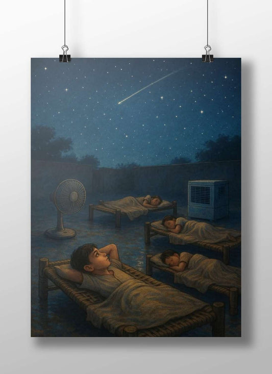 Four children sleeping outdoors under a starry night with a shooting star Main Subject: Four children sleeping outdoors