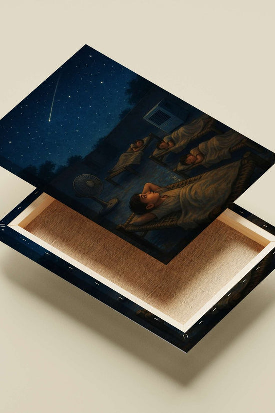 Four children sleeping outdoors under a starry night with a shooting star Main Subject: Four children sleeping outdoors