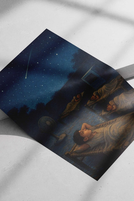 Four children sleeping outdoors under a starry night with a shooting star Main Subject: Four children sleeping outdoors