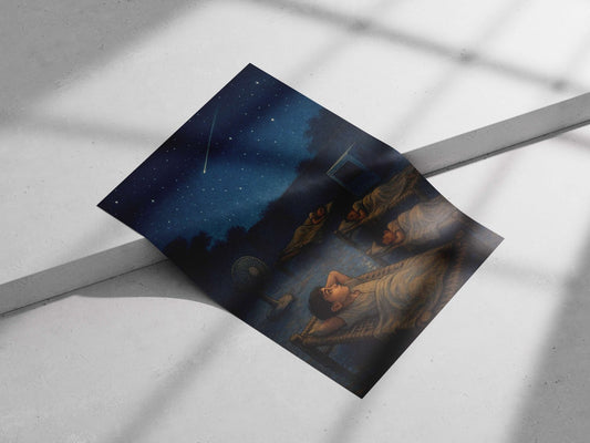 Four children sleeping outdoors under a starry night with a shooting star Main Subject: Four children sleeping outdoors