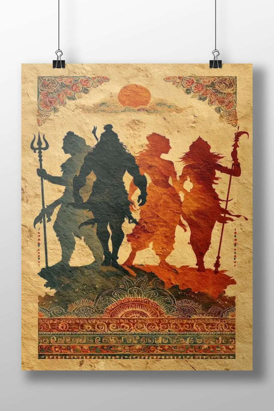 Silhouettes of Hindu deities Shiva, Vishnu, Durga, and Kali Main Subject: Silhouettes of Hindu deities Shiva, Vishnu, Durga,