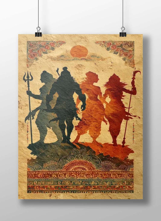 Silhouettes of Hindu deities Shiva, Vishnu, Durga, and Kali Main Subject: Silhouettes of Hindu deities Shiva, Vishnu, Durga,