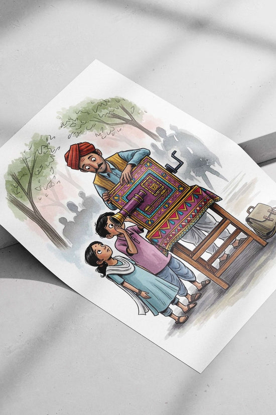 Hand-Cranked Movie Projector used by a man (wearing red turban) with two children watching Main Subject: Hand-Cranked Movie