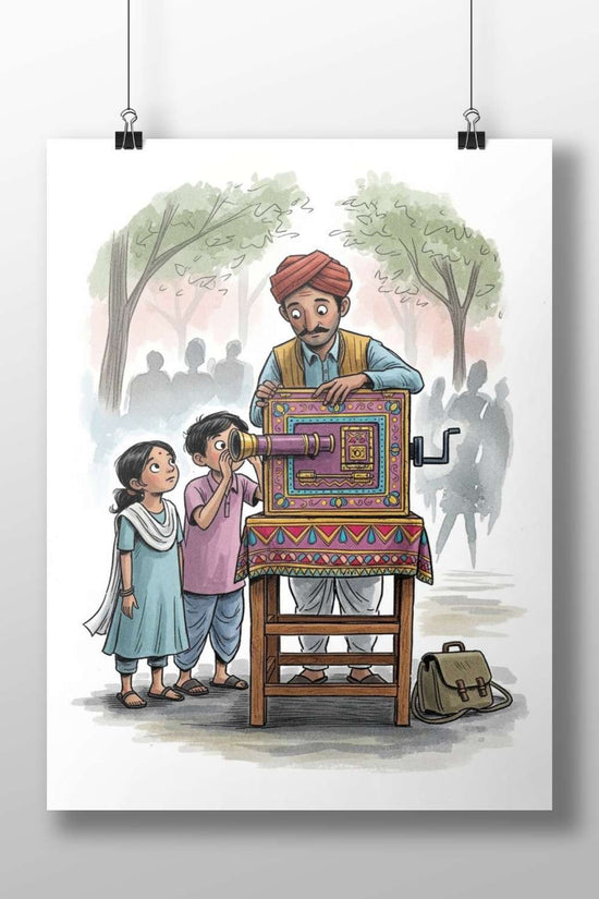 Hand-Cranked Movie Projector used by a man (wearing red turban) with two children watching Main Subject: Hand-Cranked Movie