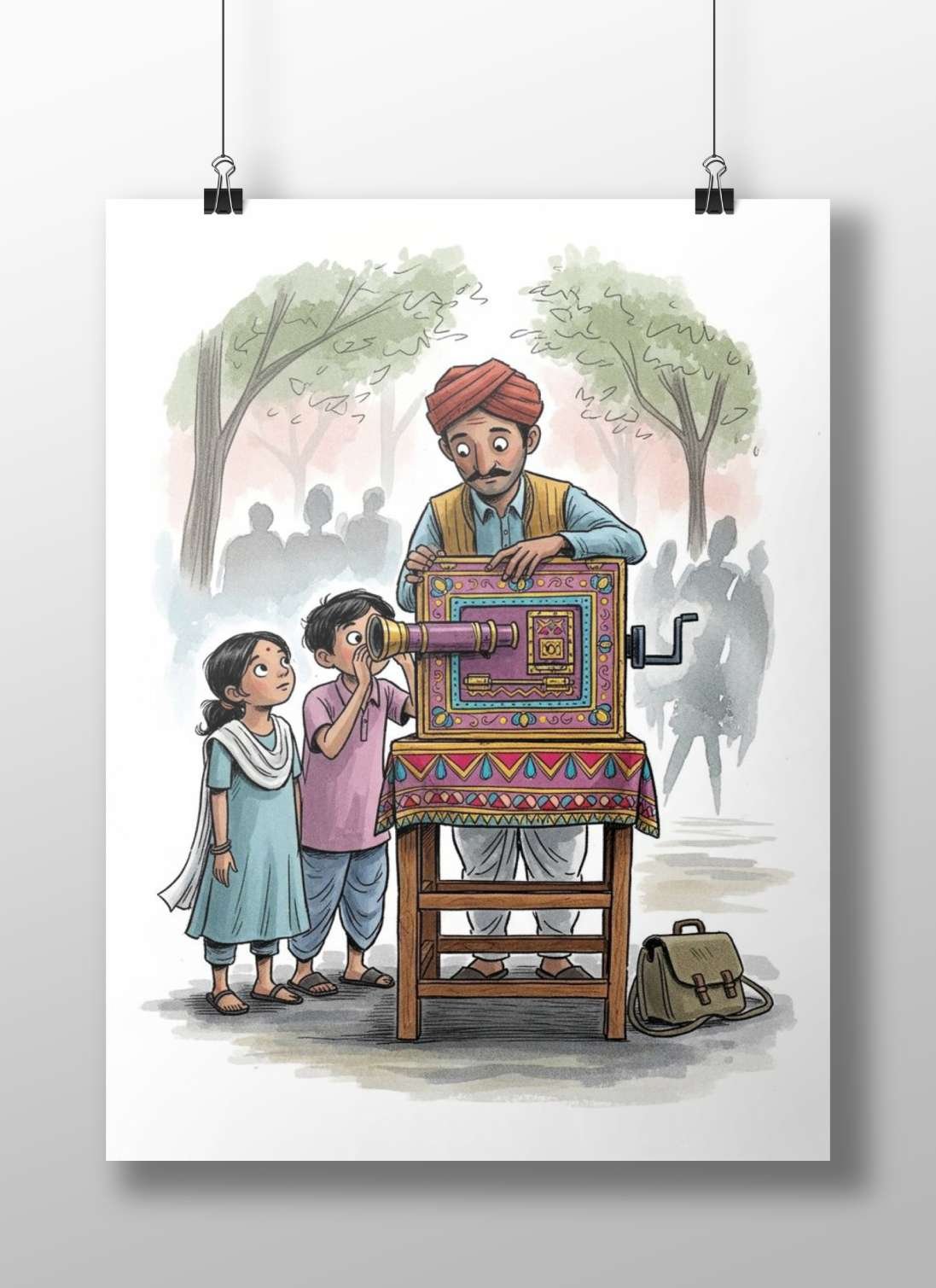 Hand-Cranked Movie Projector used by a man (wearing red turban) with two children watching Main Subject: Hand-Cranked Movie