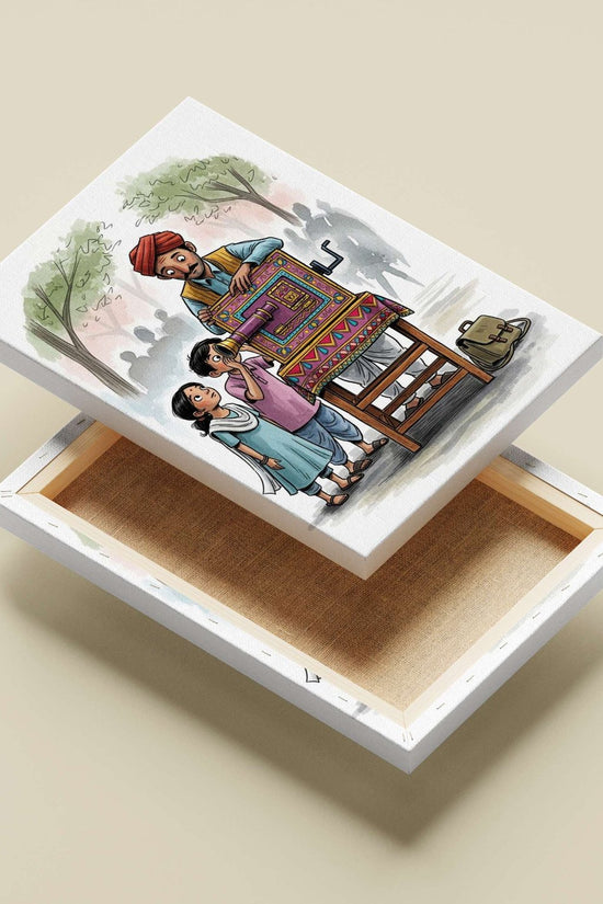 Hand-Cranked Movie Projector used by a man (wearing red turban) with two children watching Main Subject: Hand-Cranked Movie
