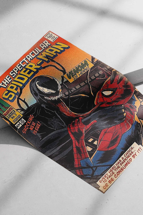 Spider-Man (Peter Parker) and Venom (Eddie Brock) from Marvel Comics' "The Spectacular Spider-Man" comic series. Main