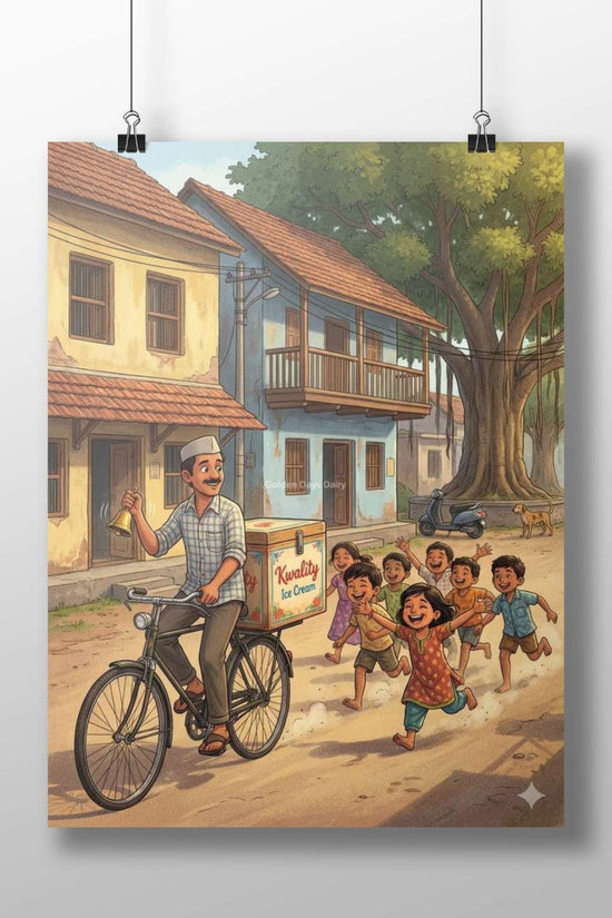 Kwality Ice Cream delivery scene with a man on bicycle ringing a bell and children chasing him Main Subject: Kwality Ice