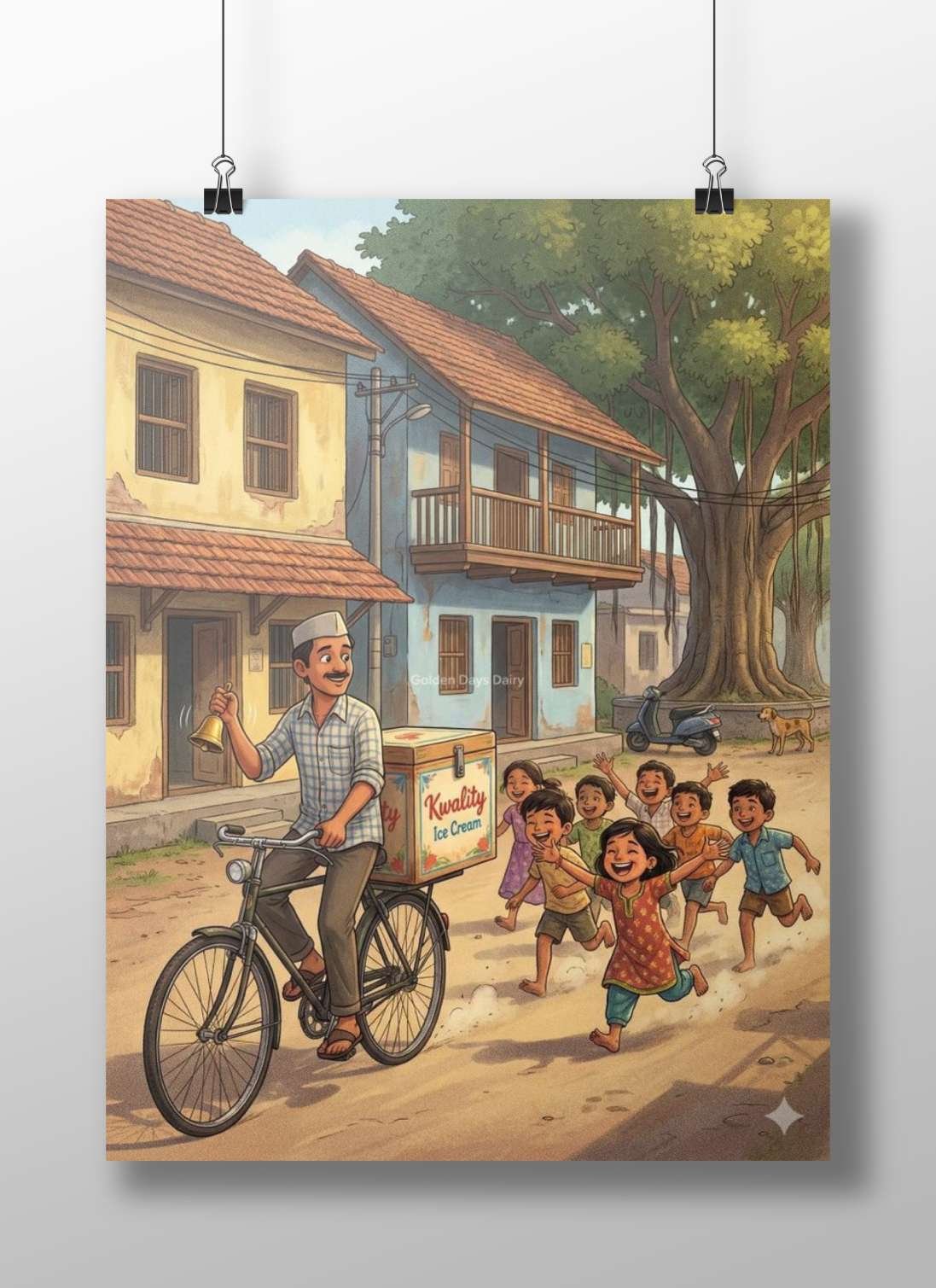 Kwality Ice Cream delivery scene with a man on bicycle ringing a bell and children chasing him Main Subject: Kwality Ice