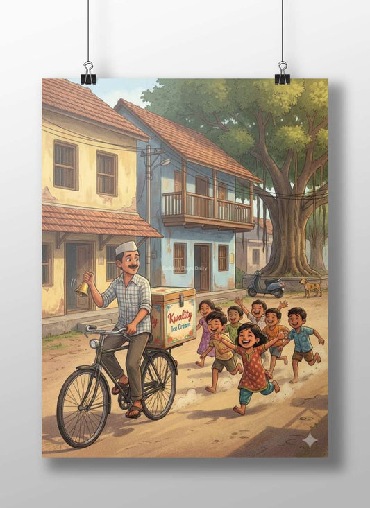 Kwality Ice Cream delivery scene with a man on bicycle ringing a bell and children chasing him Main Subject: Kwality Ice