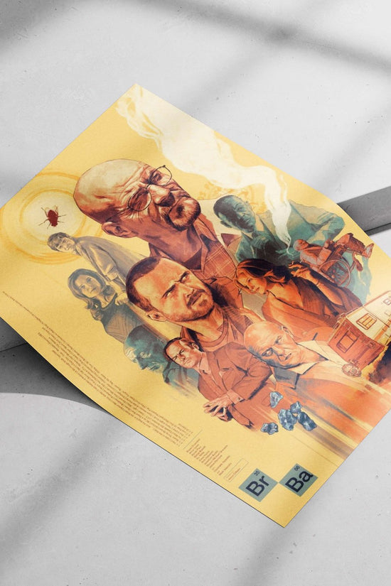 Characters from the TV series "Breaking Bad" including Walter White, Jesse Pinkman, Skyler White, and Hank Schrader. Main