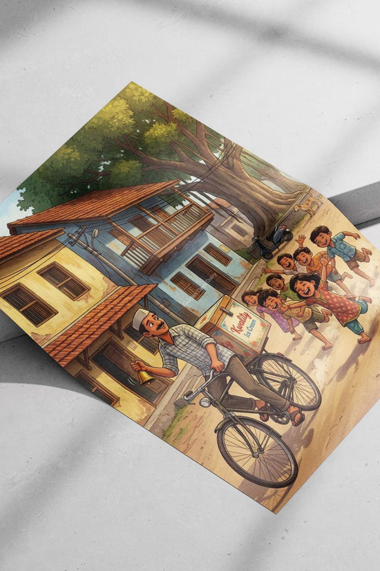 Kwality Ice Cream delivery scene with a man on bicycle ringing a bell and children chasing him Main Subject: Kwality Ice