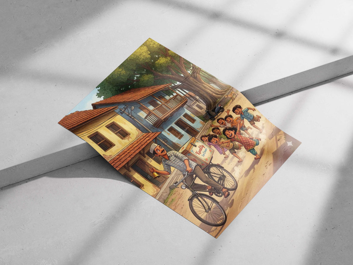 Kwality Ice Cream delivery scene with a man on bicycle ringing a bell and children chasing him Main Subject: Kwality Ice