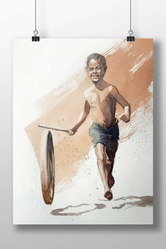 A shirtless young boy carrying a large tire Main Subject: A shirtless young boy carrying a large tire Matte BoizzBoard rigid