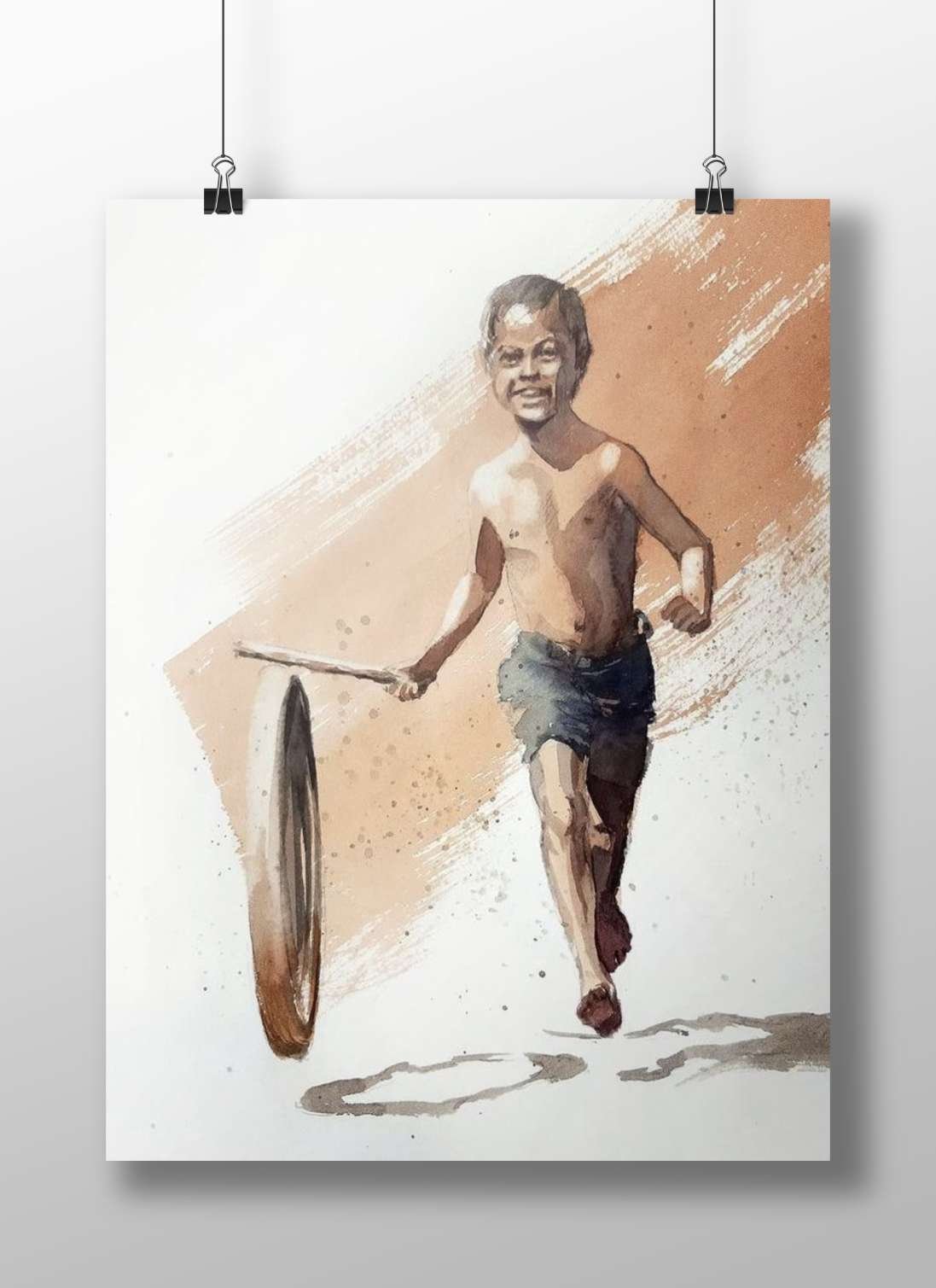 A shirtless young boy carrying a large tire Main Subject: A shirtless young boy carrying a large tire Matte BoizzBoard rigid