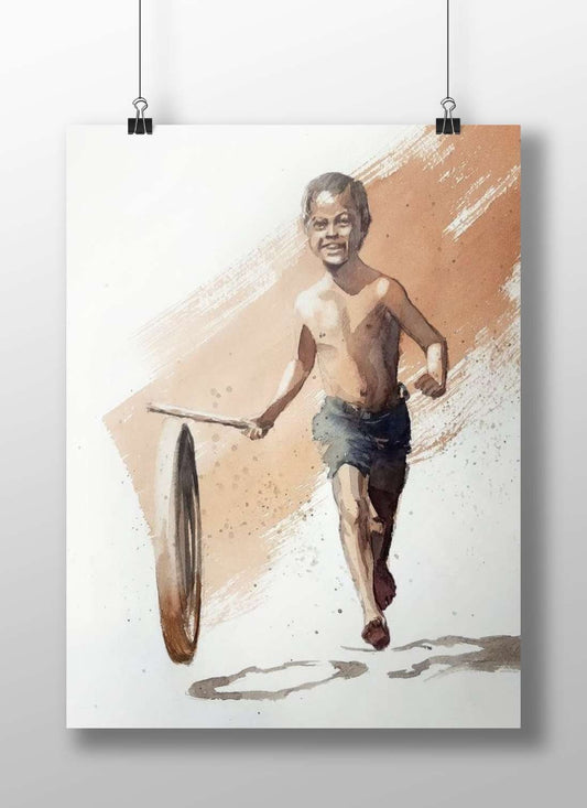 A shirtless young boy carrying a large tire Main Subject: A shirtless young boy carrying a large tire Matte BoizzBoard rigid