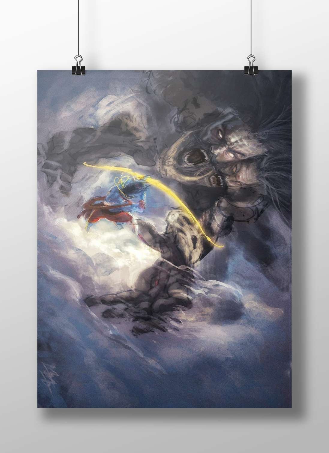 Sun Wukong (Monkey King) from Chinese mythology battling a mythological demon. Main Subject: Sun Wukong (Monkey King) from