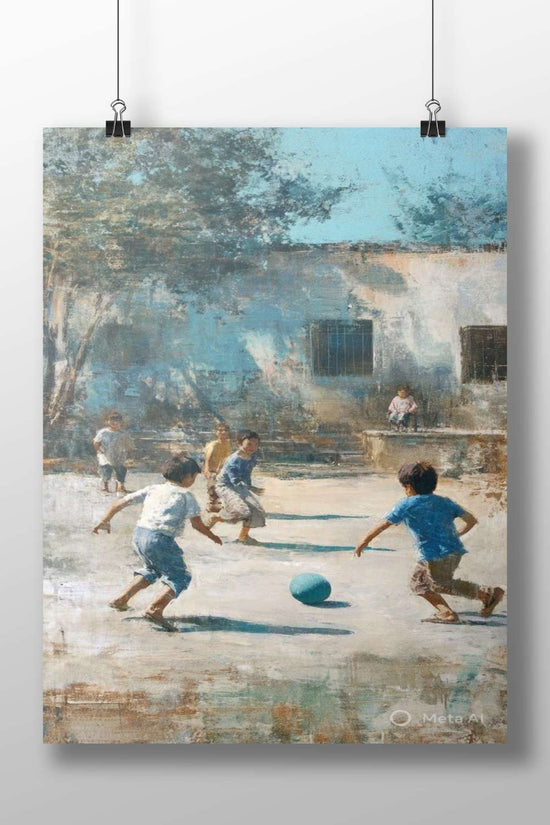 Children playing with a blue ball in an outdoor courtyard Main Subject: Children playing with a blue ball in an outdoor