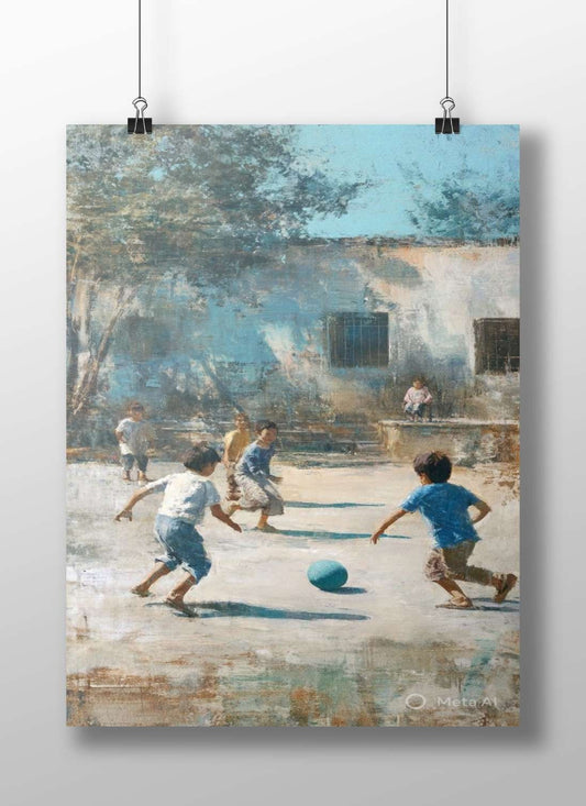 Children playing with a blue ball in an outdoor courtyard Main Subject: Children playing with a blue ball in an outdoor