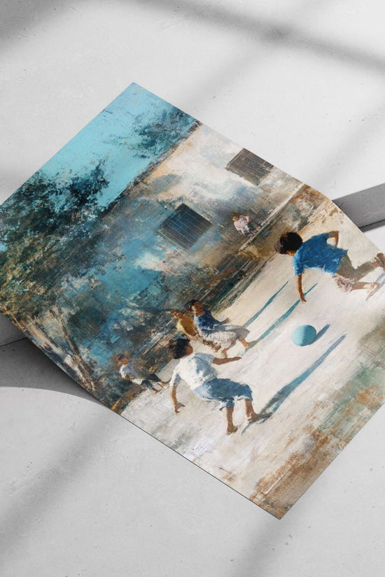 Children playing with a blue ball in an outdoor courtyard Main Subject: Children playing with a blue ball in an outdoor