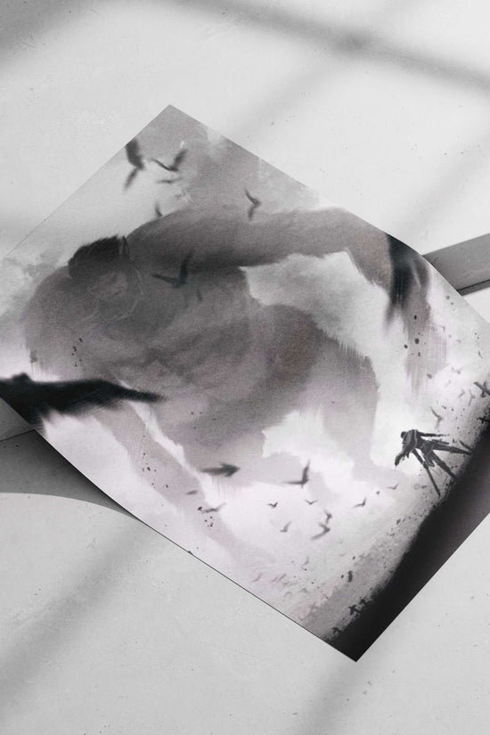 Attack on Titan Colossal Titan Apocalyptic Battle Poster – High-Contrast B&W Digital Painting Wall Art
