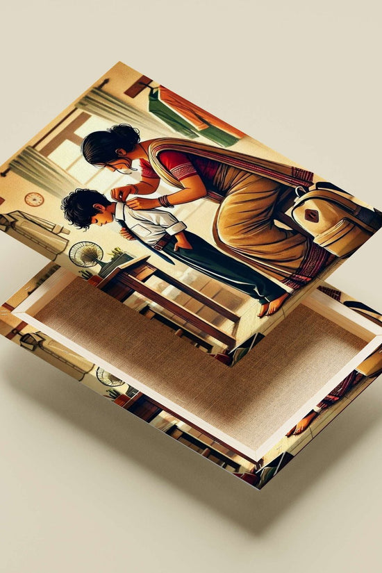 Indian woman in sari assisting a boy with school attire Main Subject: Indian woman in sari assisting a boy with school