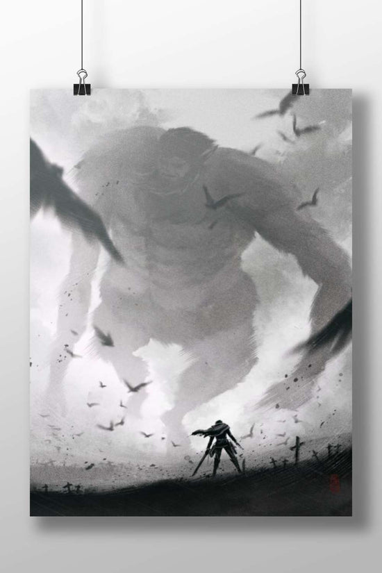 Attack on Titan Colossal Titan Apocalyptic Battle Poster – High-Contrast B&W Digital Painting Wall Art