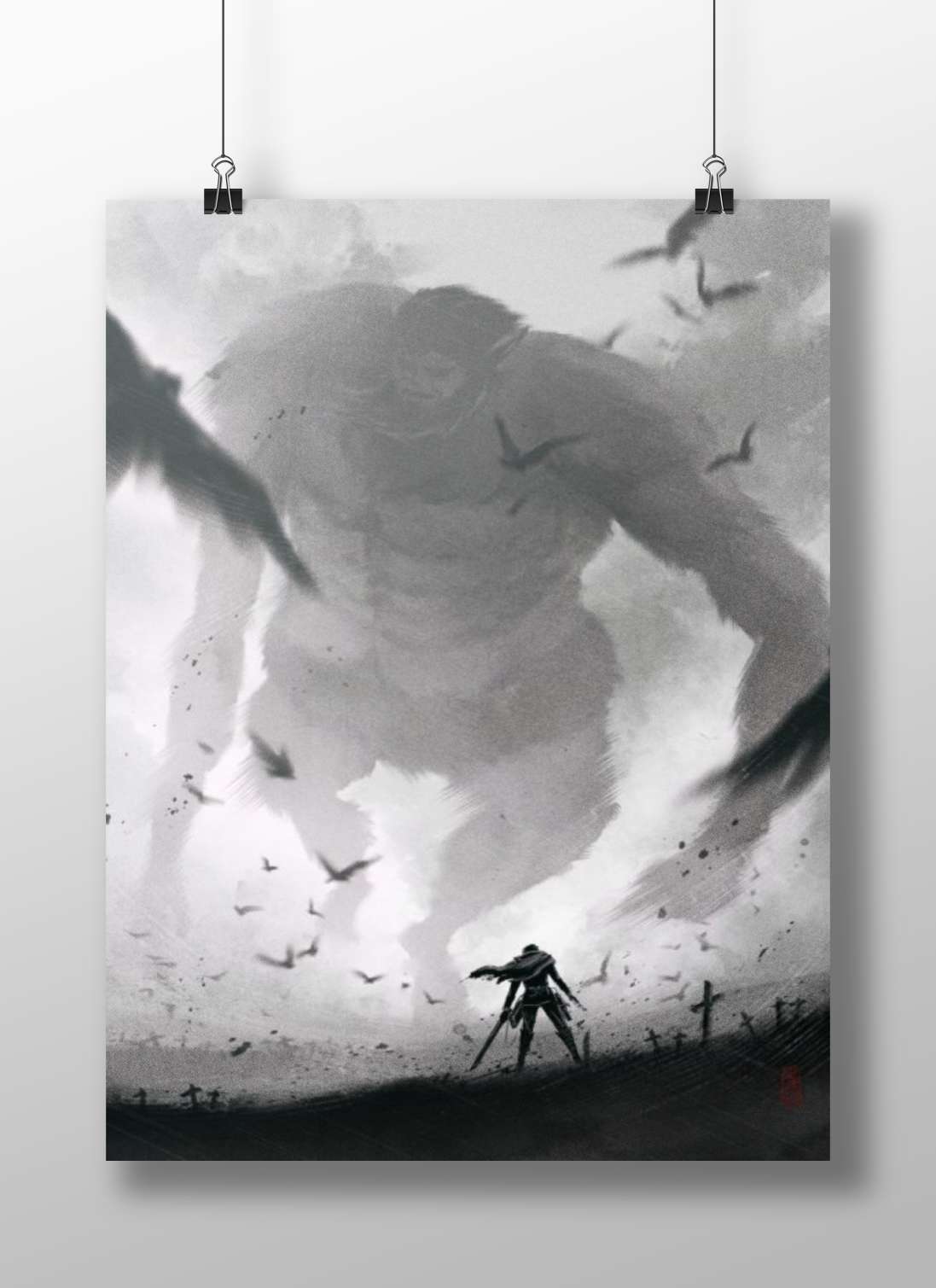 Attack on Titan Colossal Titan Apocalyptic Battle Poster – High-Contrast B&W Digital Painting Wall Art