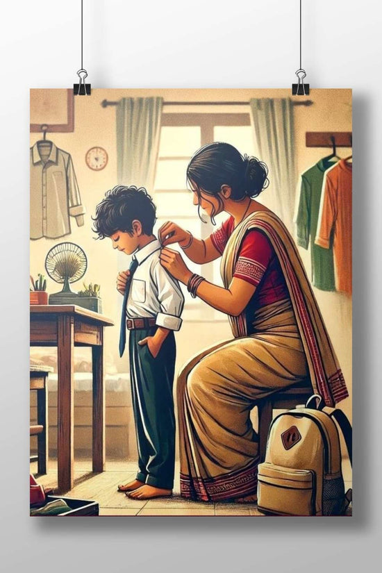 Indian woman in sari assisting a boy with school attire Main Subject: Indian woman in sari assisting a boy with school
