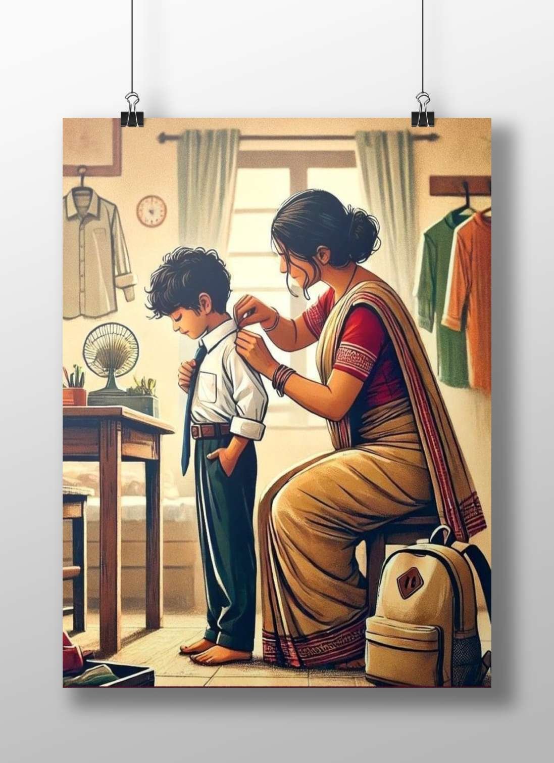 Indian woman in sari assisting a boy with school attire Main Subject: Indian woman in sari assisting a boy with school