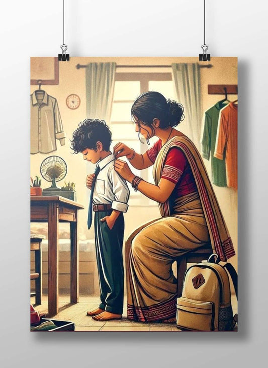Indian woman in sari assisting a boy with school attire Main Subject: Indian woman in sari assisting a boy with school