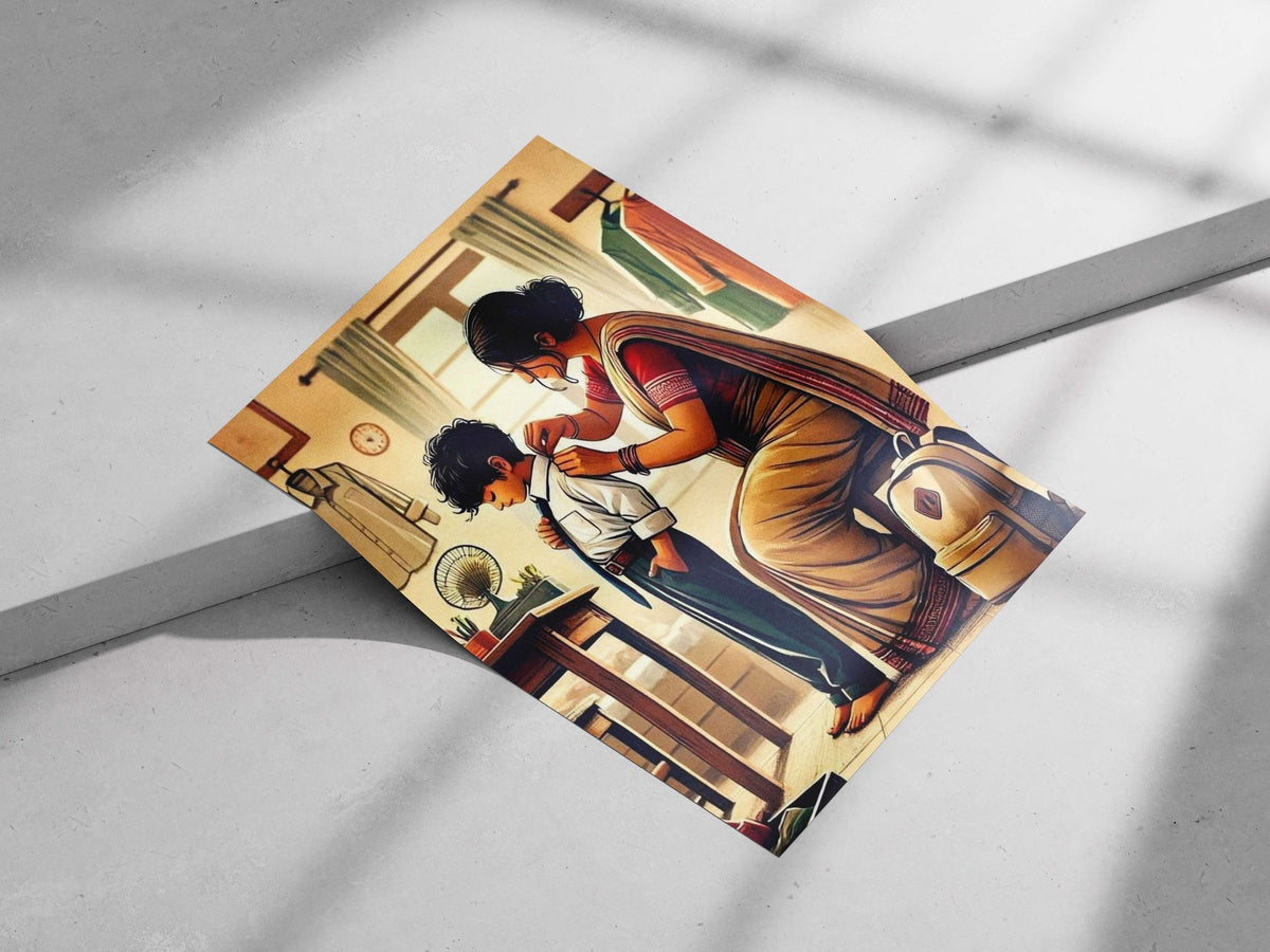 Indian woman in sari assisting a boy with school attire Main Subject: Indian woman in sari assisting a boy with school