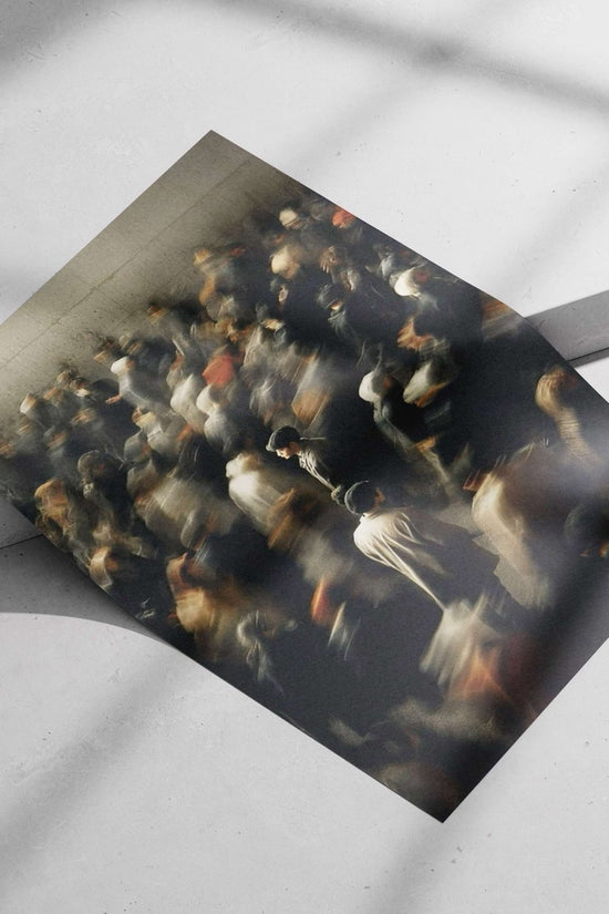 A dense crowd of pedestrians in motion Main Subject: A dense crowd of pedestrians in motion Matte poster print — Art wall