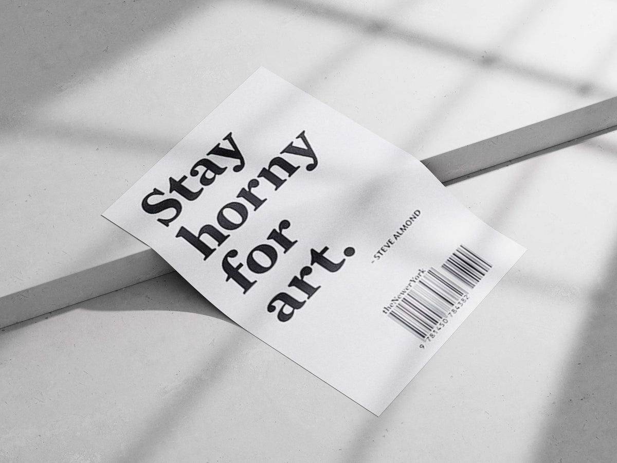 Steve Almond’s quoted phrase “Stay horny for art.” attributed to theNewerYork publication. Main Subject: Steve Almond’s