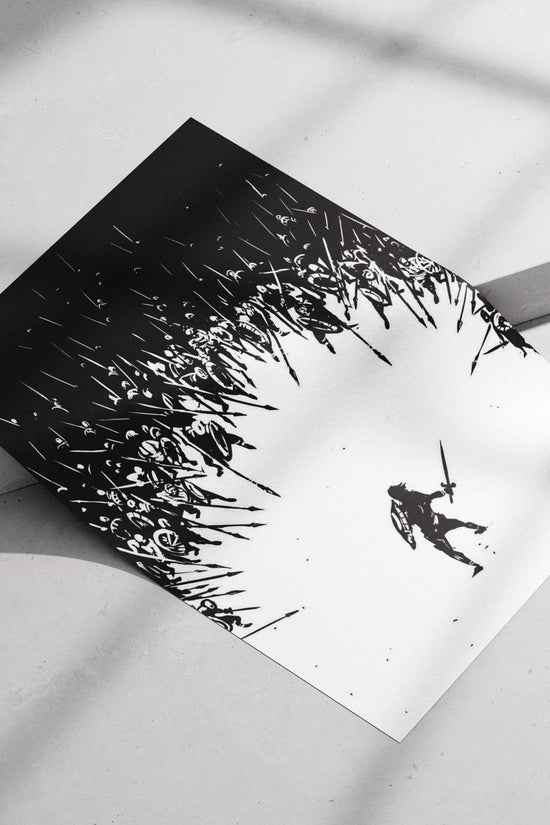 A lone warrior with a sword and shield confronting an encircling army of spear-wielding soldiers Main Subject: A lone