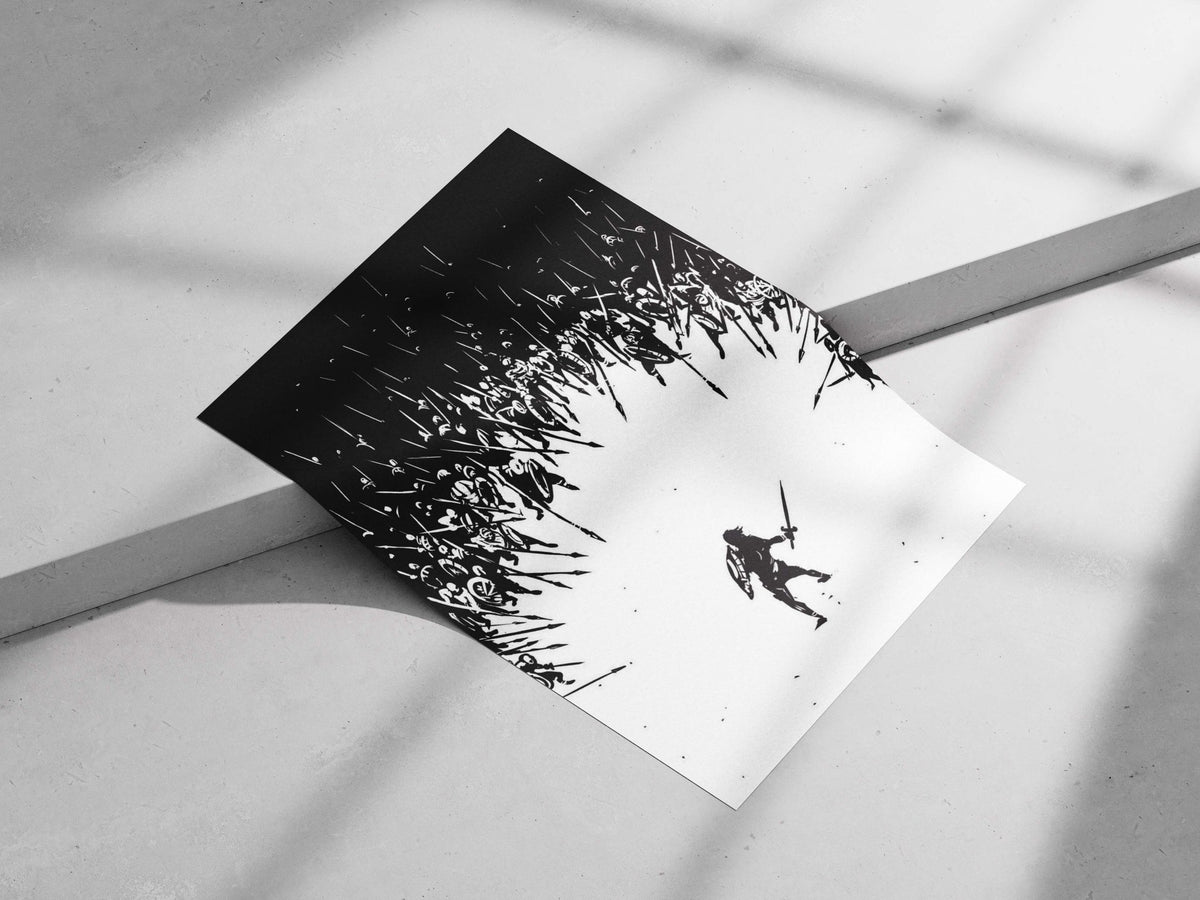 A lone warrior with a sword and shield confronting an encircling army of spear-wielding soldiers Main Subject: A lone