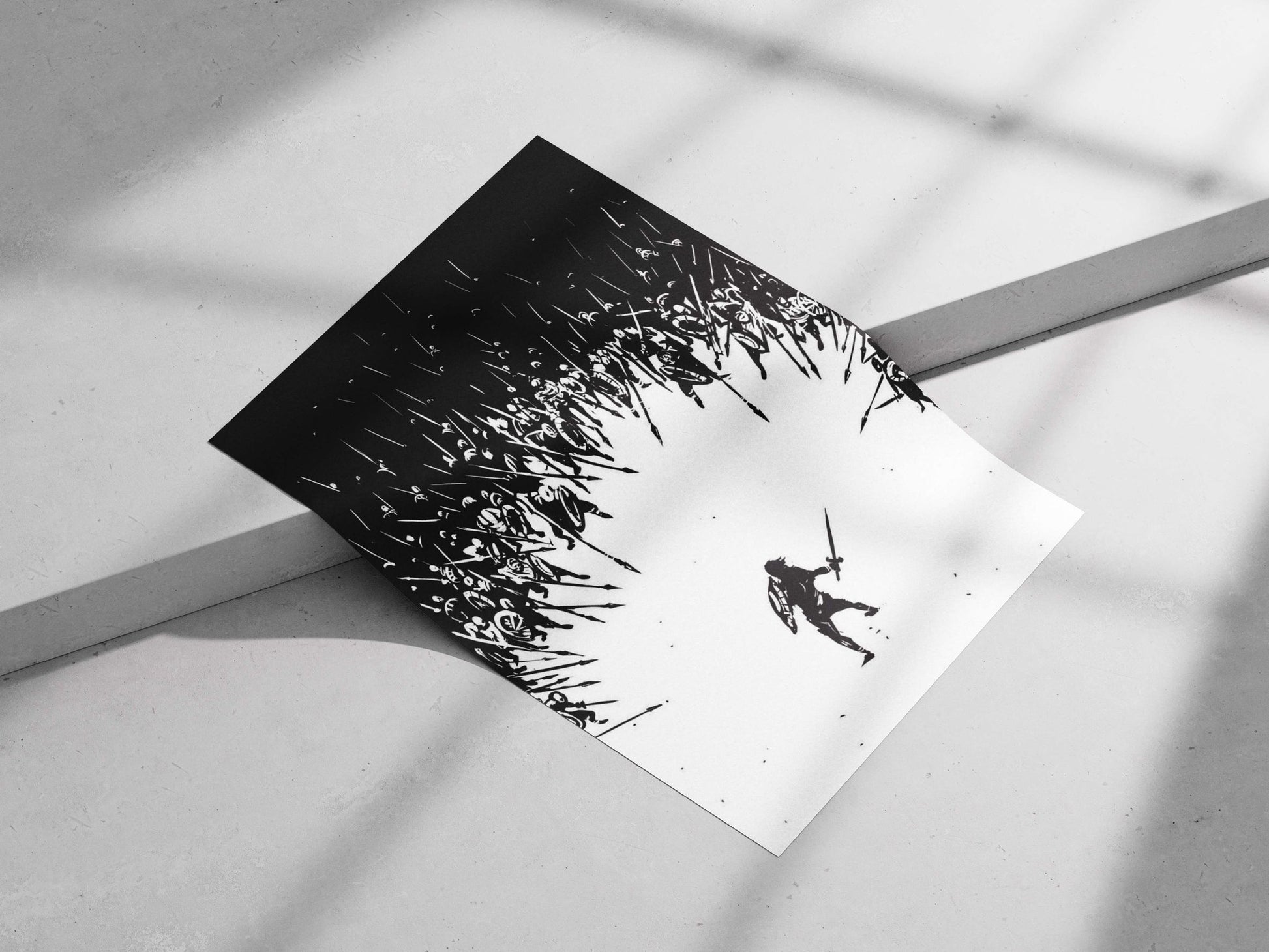 A lone warrior with a sword and shield confronting an encircling army of spear-wielding soldiers Main Subject: A lone
