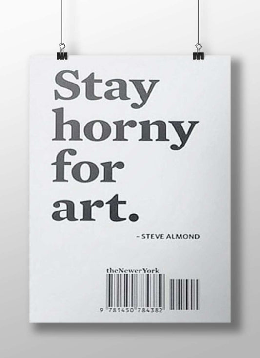Steve Almond’s quoted phrase “Stay horny for art.” attributed to theNewerYork publication. Main Subject: Steve Almond’s