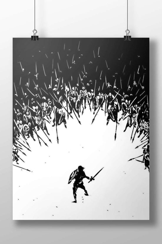 A lone warrior with a sword and shield confronting an encircling army of spear-wielding soldiers Main Subject: A lone