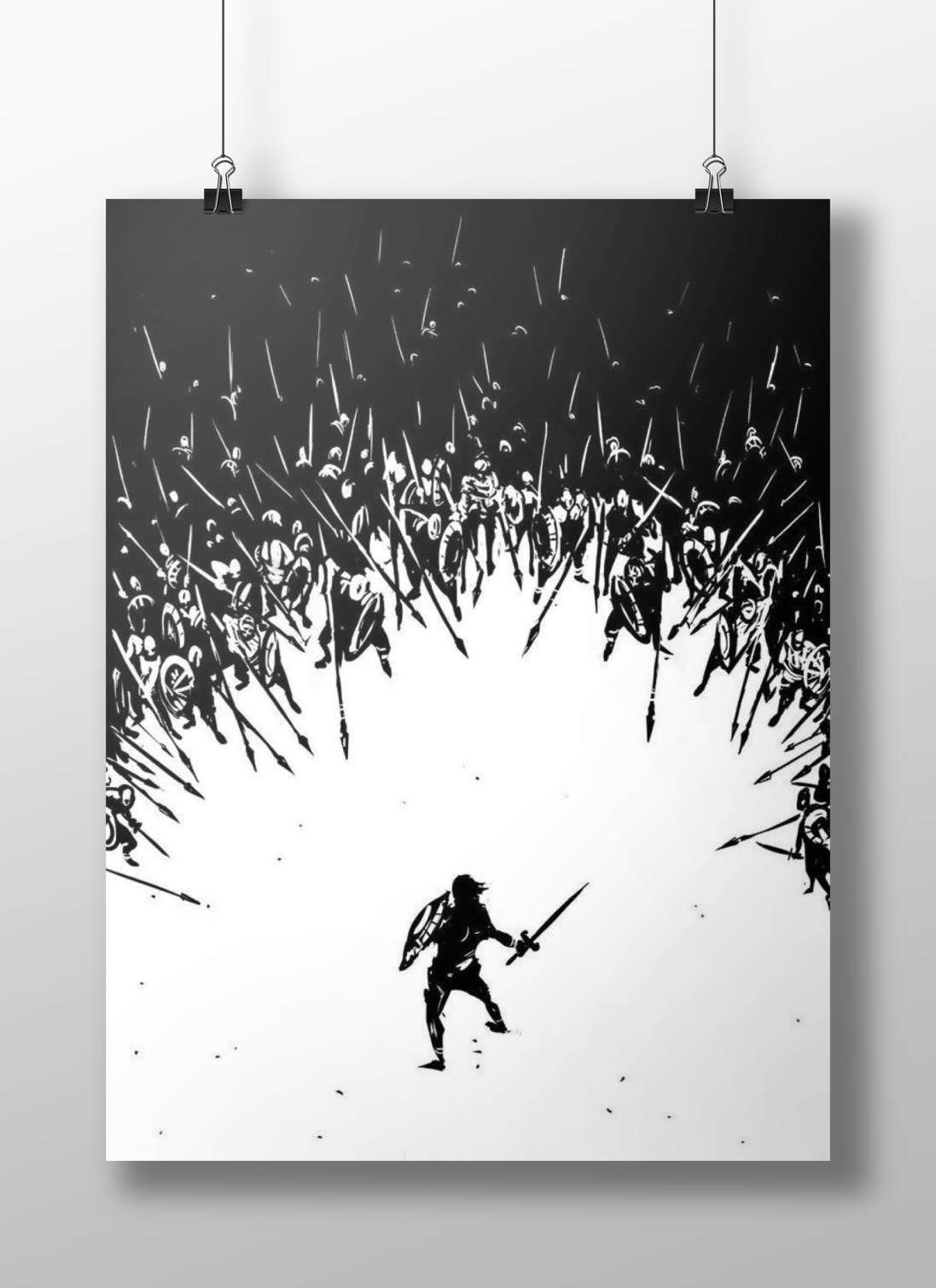 A lone warrior with a sword and shield confronting an encircling army of spear-wielding soldiers Main Subject: A lone