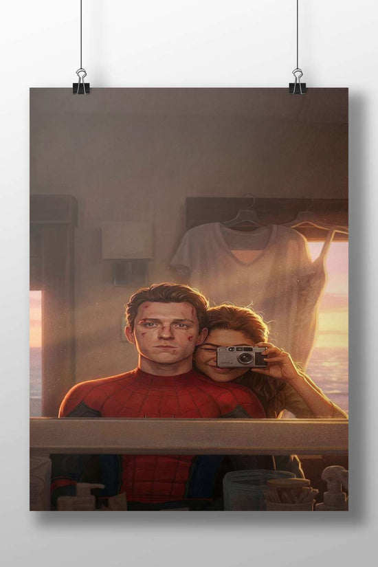 Tom Holland (Peter Parker/Spider-Man), Zendaya (MJ) Spider-Man (Tom Holland) And Mj (Zendaya) In Bathroom Mirror