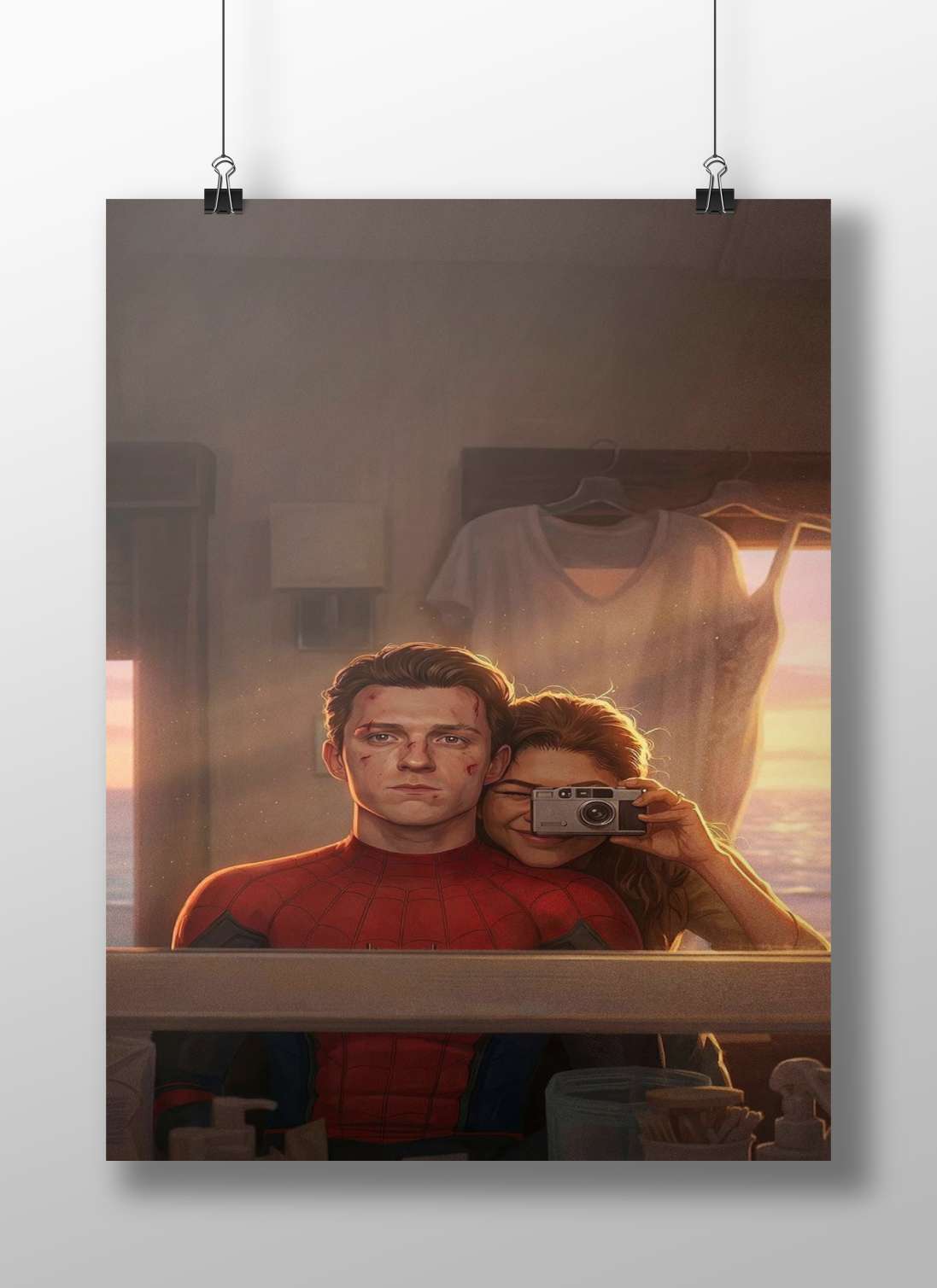 Tom Holland (Peter Parker/Spider-Man), Zendaya (MJ) Spider-Man (Tom Holland) And Mj (Zendaya) In Bathroom Mirror