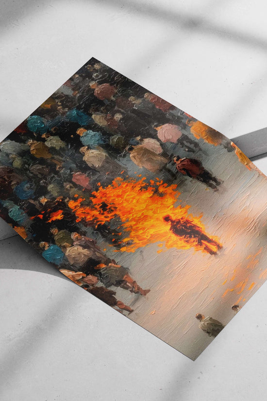 Human figure engulfed in flames Flames Of Rebellion Expressionist Oil Painting Poster – Urban Crowd