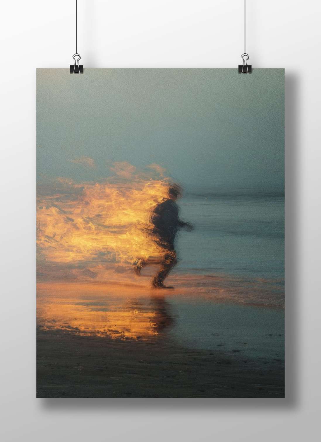 Silhouetted figure running on a beach with fiery flames engulfing its back Silhouetted Runner Beach