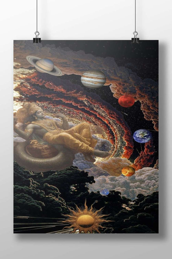 Lord Shiva (Hindu deity) seated on a serpent amid celestial bodies and cosmic clouds. Main Subject: Lord Shiva (Hindu deity)