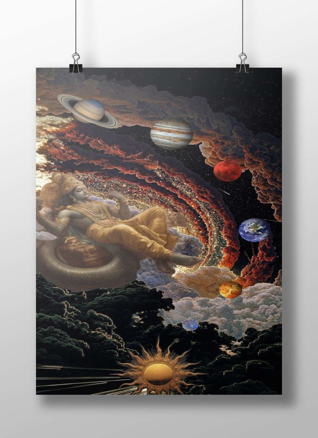 Lord Shiva (Hindu deity) seated on a serpent amid celestial bodies and cosmic clouds. Main Subject: Lord Shiva (Hindu deity)